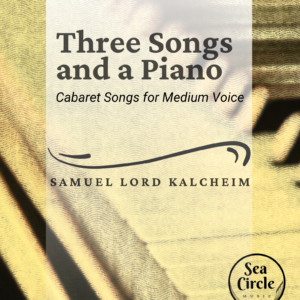 Sheet music cover for Three Songs and a Piano for medium voice and piano, with a colorful dramatic spotlight on a piano.