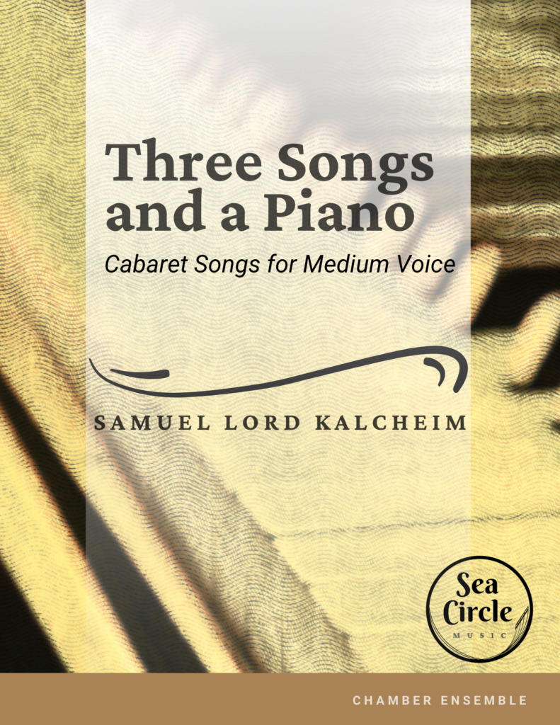 Sheet music cover for Three Songs and a Piano for medium voice and piano, with a colorful dramatic spotlight on a piano.