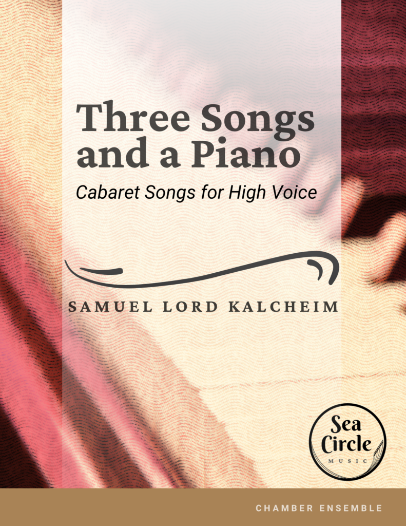 Sheet music cover for Three Songs and a Piano for high voice and piano, with a colorful dramatic spotlight on a piano.