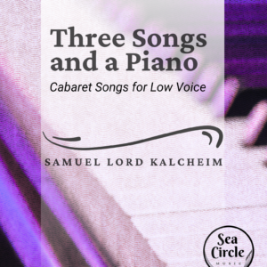 Sheet music cover for Three Songs and a Piano for low voice and piano, with a colorful dramatic spotlight on a piano.