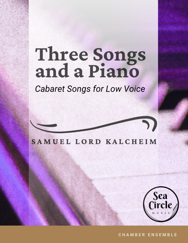 Sheet music cover for Three Songs and a Piano for low voice and piano, with a colorful dramatic spotlight on a piano.