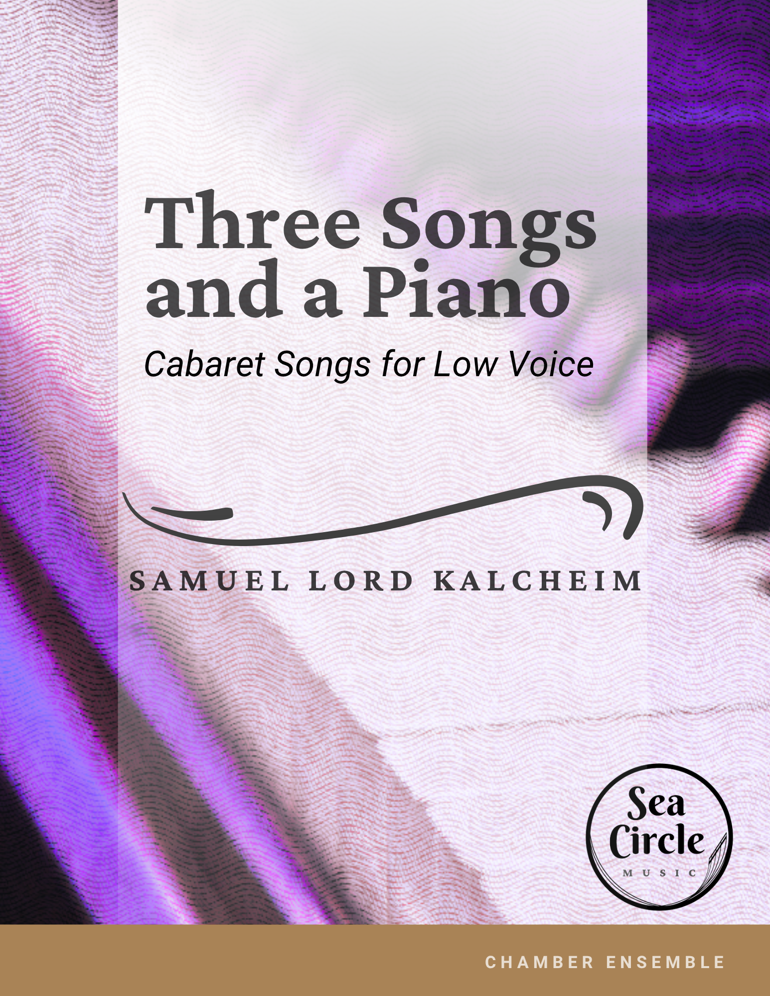 Sheet music cover for Three Songs and a Piano for low voice and piano, with a colorful dramatic spotlight on a piano.